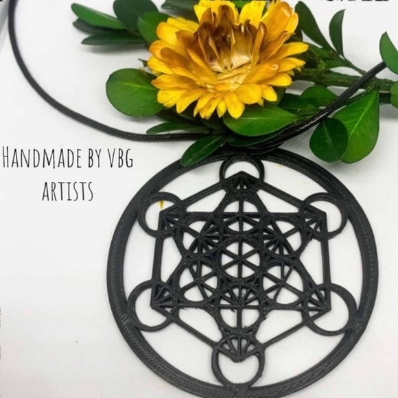 Handmade New 3D Printed Black Metatron Cube Sterling Silver Leather Necklace - Picture 14 of 15